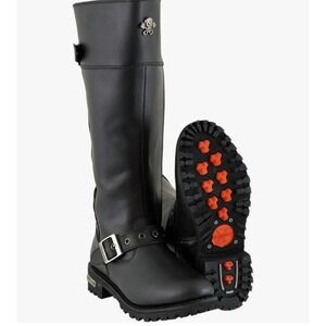 Xelement Womens Black Leather Skull Motorcycle Boots Size 8 Lug Sole Goth Punk